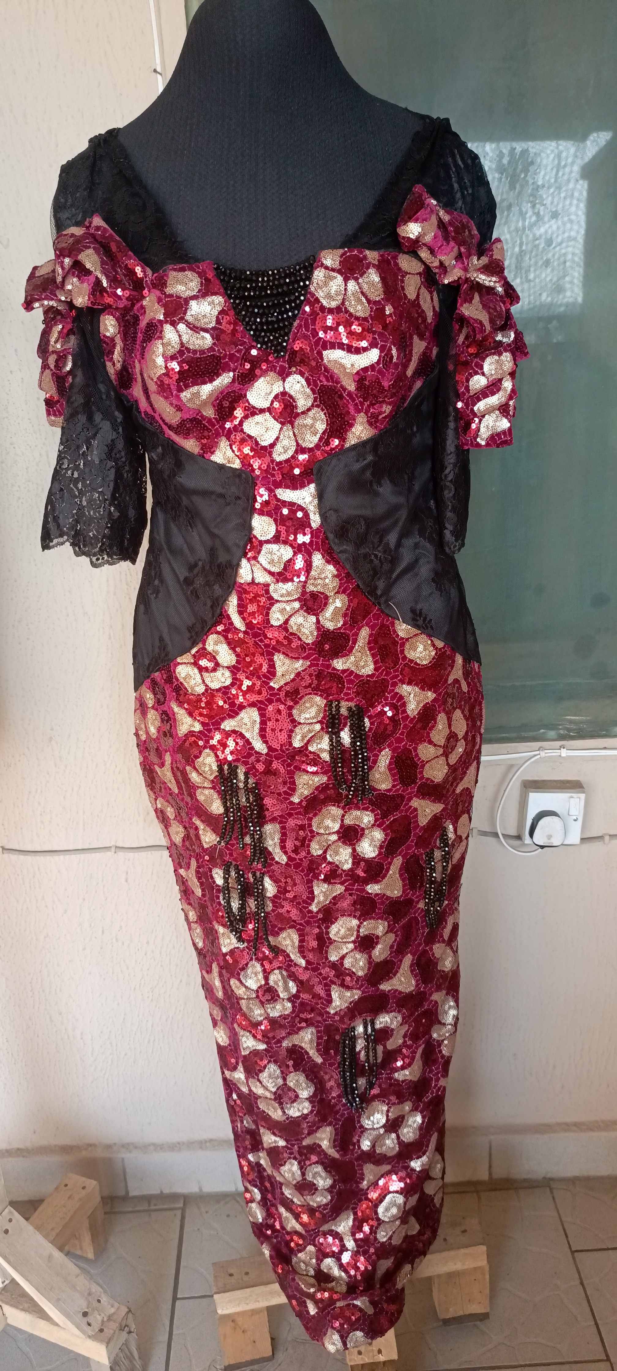 Wine Gold Lace Evening Gown
